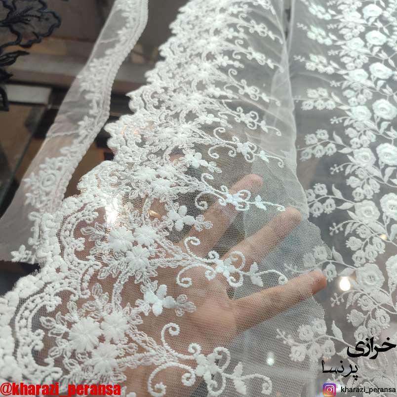 نوار سفید خامه دوزی پهن گل و بوته